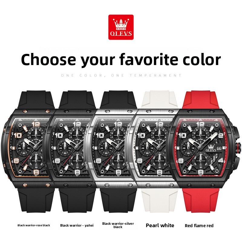 OLEVS Men's Luxury Watch Hollowed Out Multi-function Designer Watch Business Bucket Type Large Dial Silicon Tape Quartz Watch Waterproof Luminous