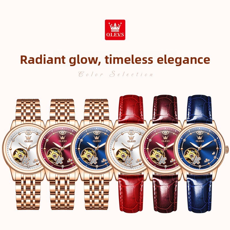 OLEVS Ladies' Classic Brand Watch New Retro Designer Hollow Ruby Mechanical Watch Waterproof Suitable For Parties And Weddings Ladies' Watch