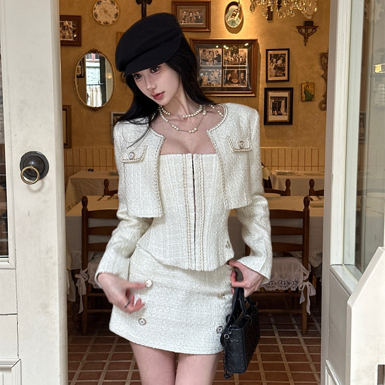 Tweed Three Piece Set Long Sleeve Cropped Jacket Tube Top and Mini Skirt Elegant French Style Co Ord for Women Fall Winter Preppy Chic Party Workwear