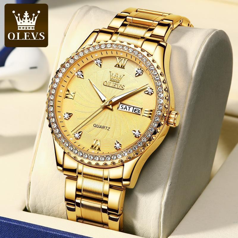 OLEVS Men's Luxury Diamond Studded Gold Designer Watch Business High-end Dual Calendar Night Light Waterproof Quartz Watch Men's Watch Men&#