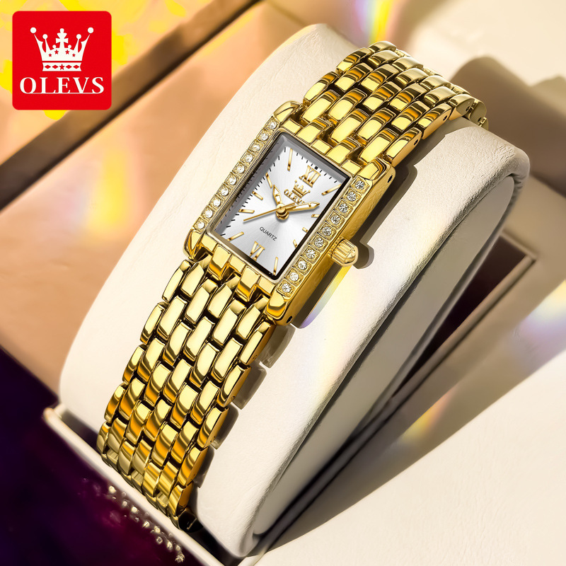 OLEVS Gold Tone Rectangle Crystal Bezel Designer Watch Ladies Quartz Waterproof Elegant Dress Fashion Minimalist Lightweight Daily Party Bridal Analog
