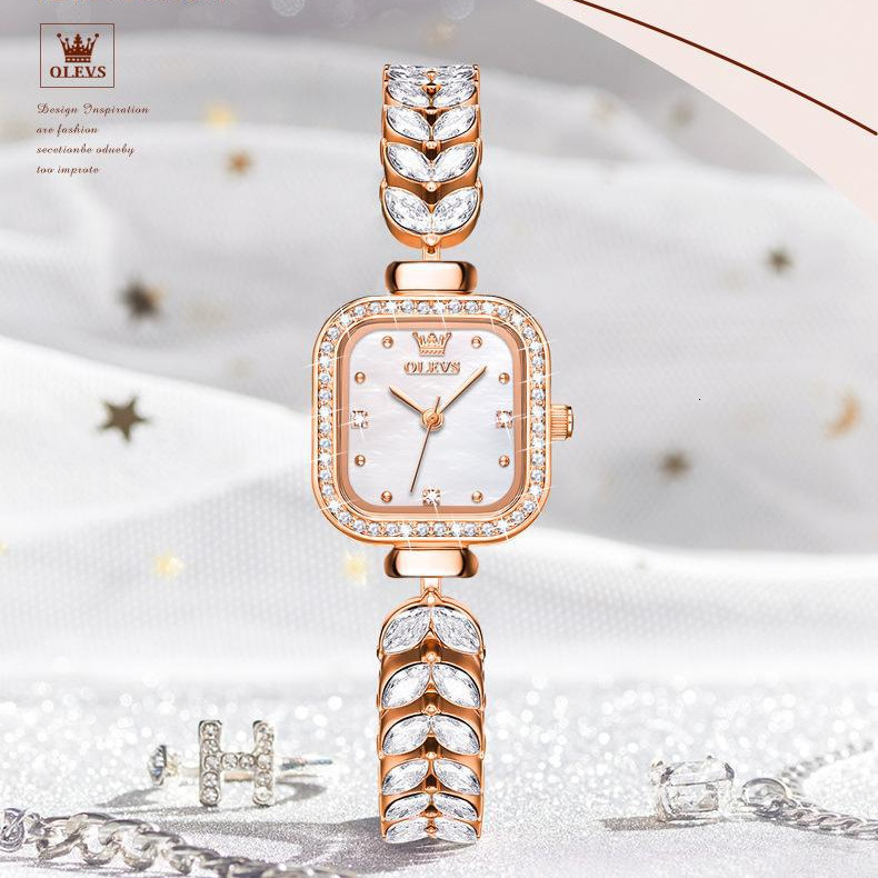 OLEVS Designer Women Watch Shiny Diamond Square Dial Leaf Crystal Bracelet Quartz Wristwatch Elegant Ladies Dress Jewelry Watch Waterproof Fashion Gif