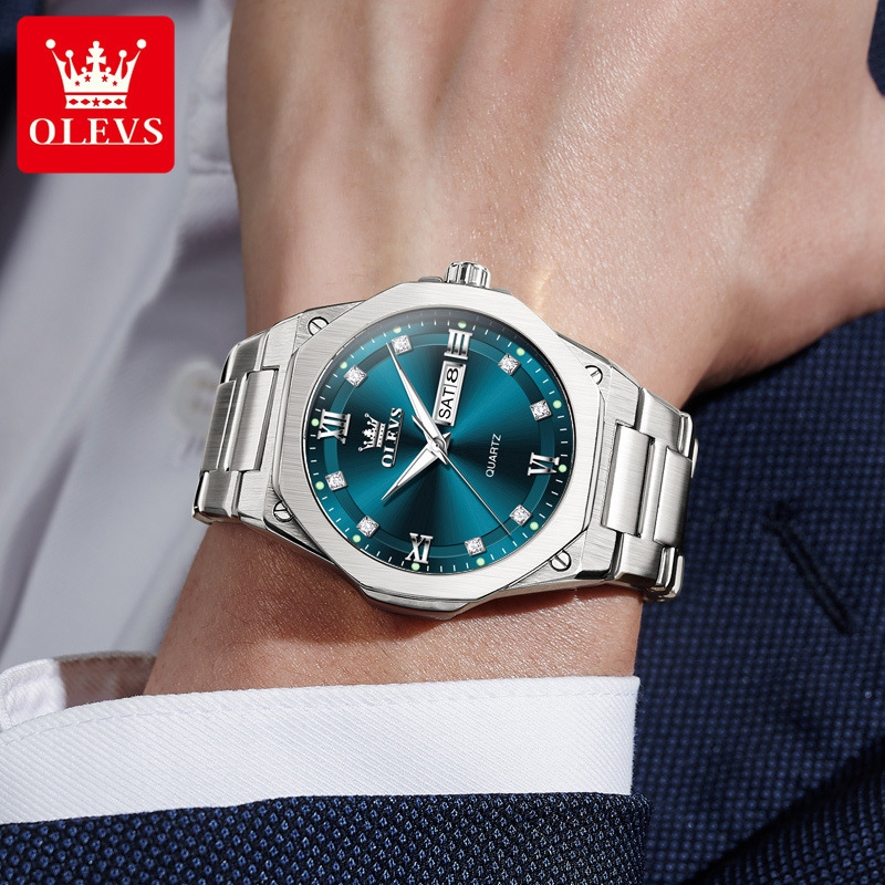 OLEVS Designer Men Quartz Watch Dual Calendar Stainless Steel Band Fashion Luminous Waterproof Minimalist Classic Casual Analog Wristwatch