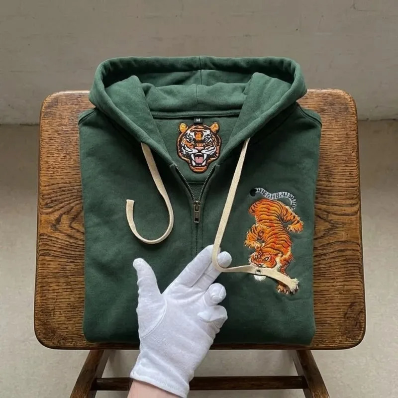 Y2K Vintage Harajuku Tiger Embroidered Zip Up Hoodie Retro Streetwear Green Hooded Sweatshirt Unisex Casual Oversized Jacket Top 260509