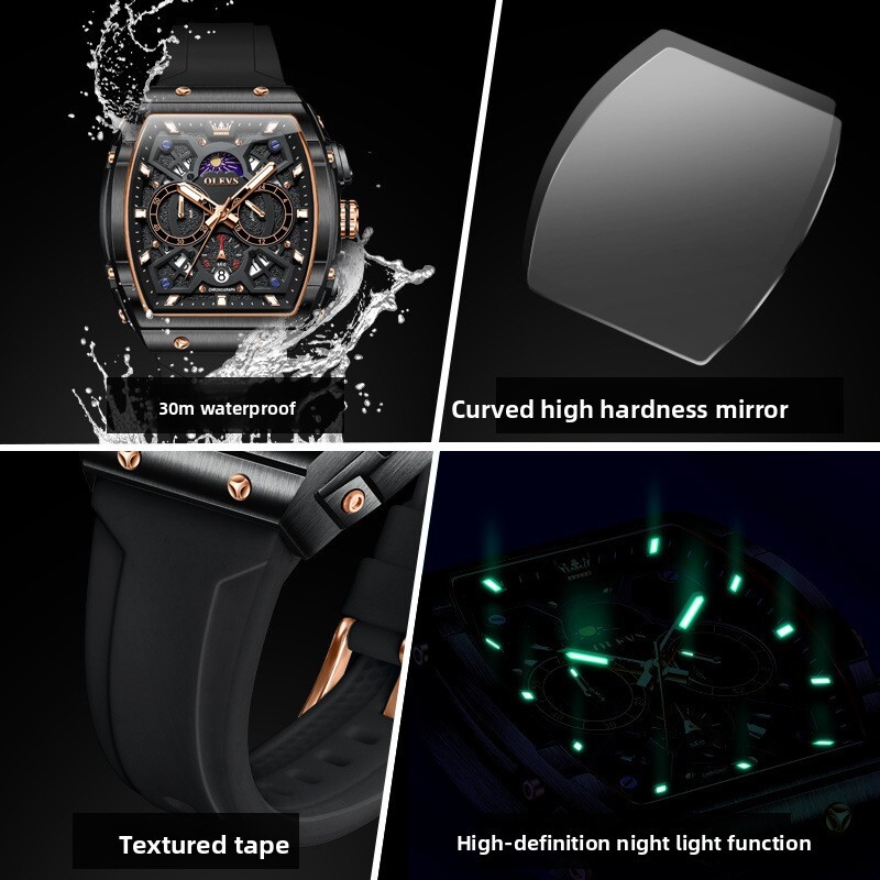 OLEVS Luxury Brand Wine Barrel Designer Watch New Fashion Casual Daily Travel Silicone Tape Night Light Multifunctional Quartz Waterproof Men's W