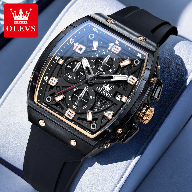 OLEVS Men's Luxury Watch Hollowed Out Multi-function Designer Watch Business Bucket Type Large Dial Silicon Tape Quartz Watch Waterproof Luminous