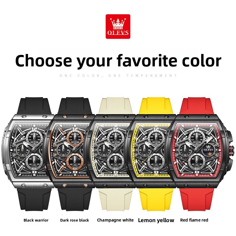 OLEVS Tonneau Skeleton Chronograph Designer Watch Silicone Strap Waterproof Luminous Sporty Men Wristwatch Shockproof Multifunctional Trendy Casual Da