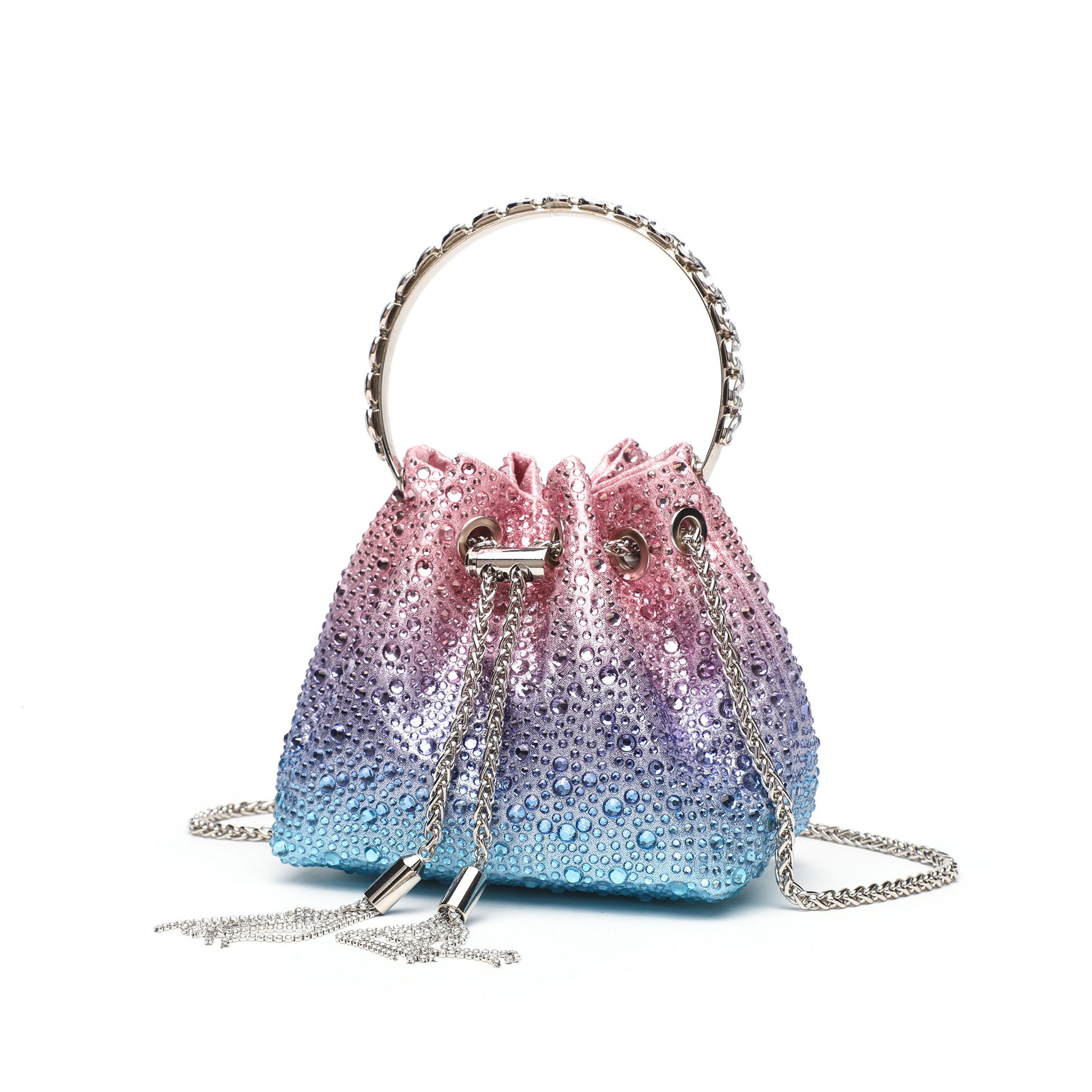Pink-Blue Gradient Trendy Design Crystal Drawstring Evening Clutch - view 4