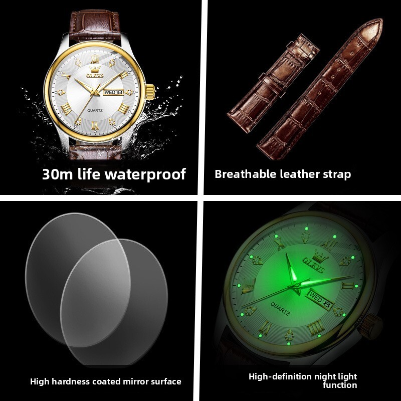 OLEVS Brand Designer Watch New Business Office Formal Double Calendar Roman Scale Pointer Waterproof Quartz Watch Men's Watch Men's Watch