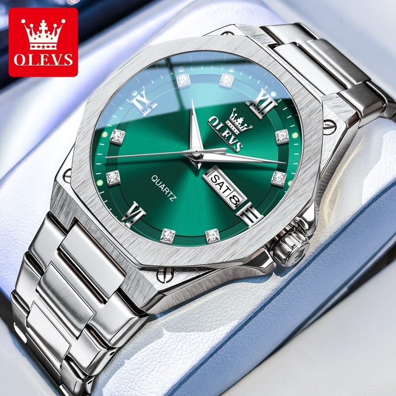 OLEVS Designer Men Quartz Watch Dual Calendar Stainless Steel Band Fashion Luminous Waterproof Minimalist Classic Casual Analog Wristwatch