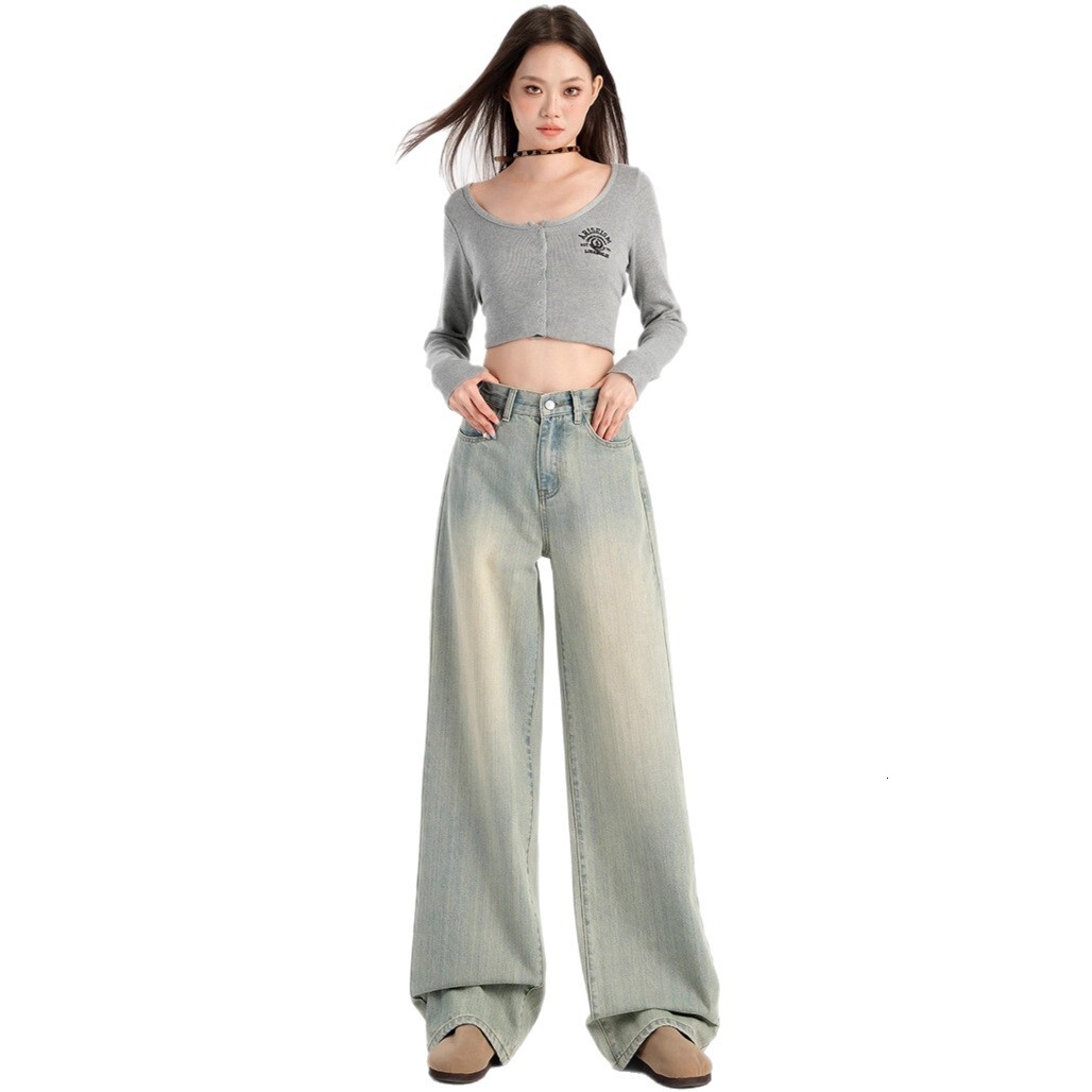 Light Colored High Street Wide Leg Designer Jeans For Women, 2026 New High Waisted Loose Fit Slimming Retro Drape Straight Leg Fashionable Floor Pants