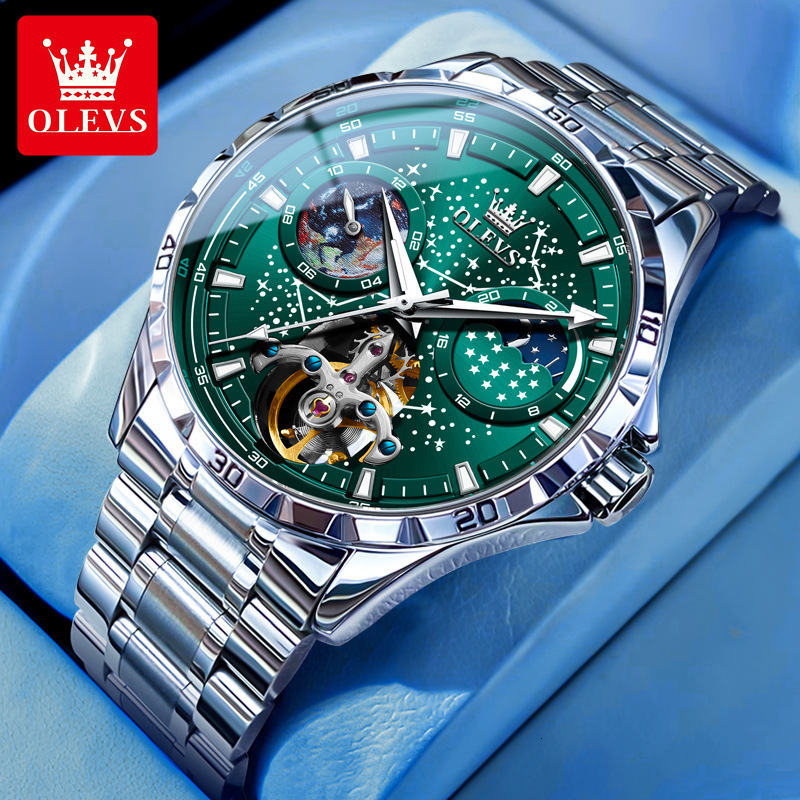 OLEVS Designer Men Mechanical Watch Starry Sky Skeleton Tourbillon Dial Stainless Steel Leather Strap Waterproof Luminous Business Automatic Wristwatc