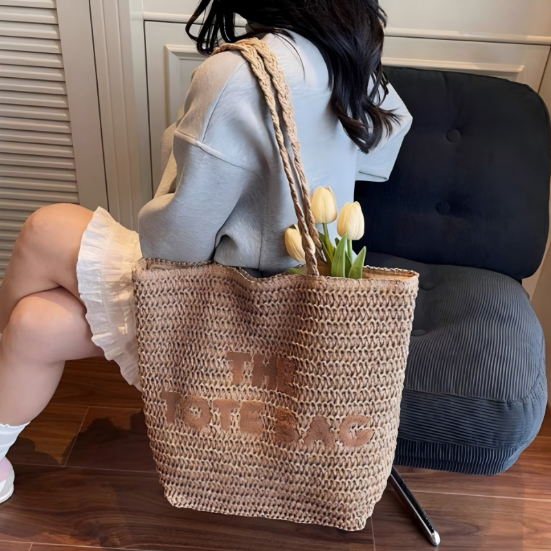 Large Capacity "THE TOTE BAG" Straw Beach Tote Handmade Woven Designer Shoulder Bag for Women Daily Vacation