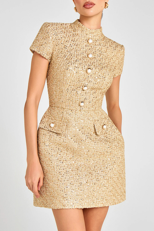 Sequin Tweed Mini Dress Stand Collar Short Sleeve Button Down Elegant Bodycon Dress for Women 2026 Fall Winter French Style Party Workwear Chic Outfit
