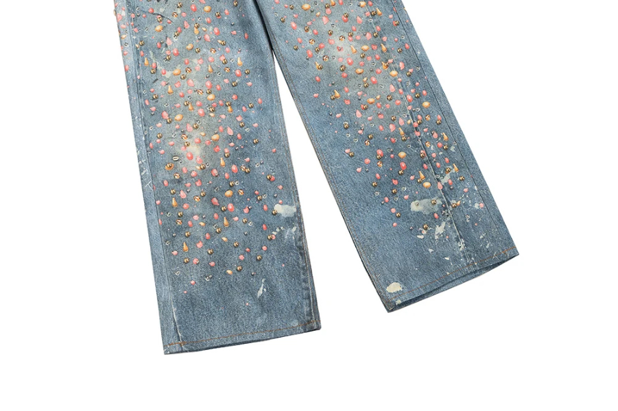 3D Printed Full Diamond Jeans for Men Straight Washed Distressed Shinning Diamon Denim Trousers Hip Hop Loose Baggy Jean Pants