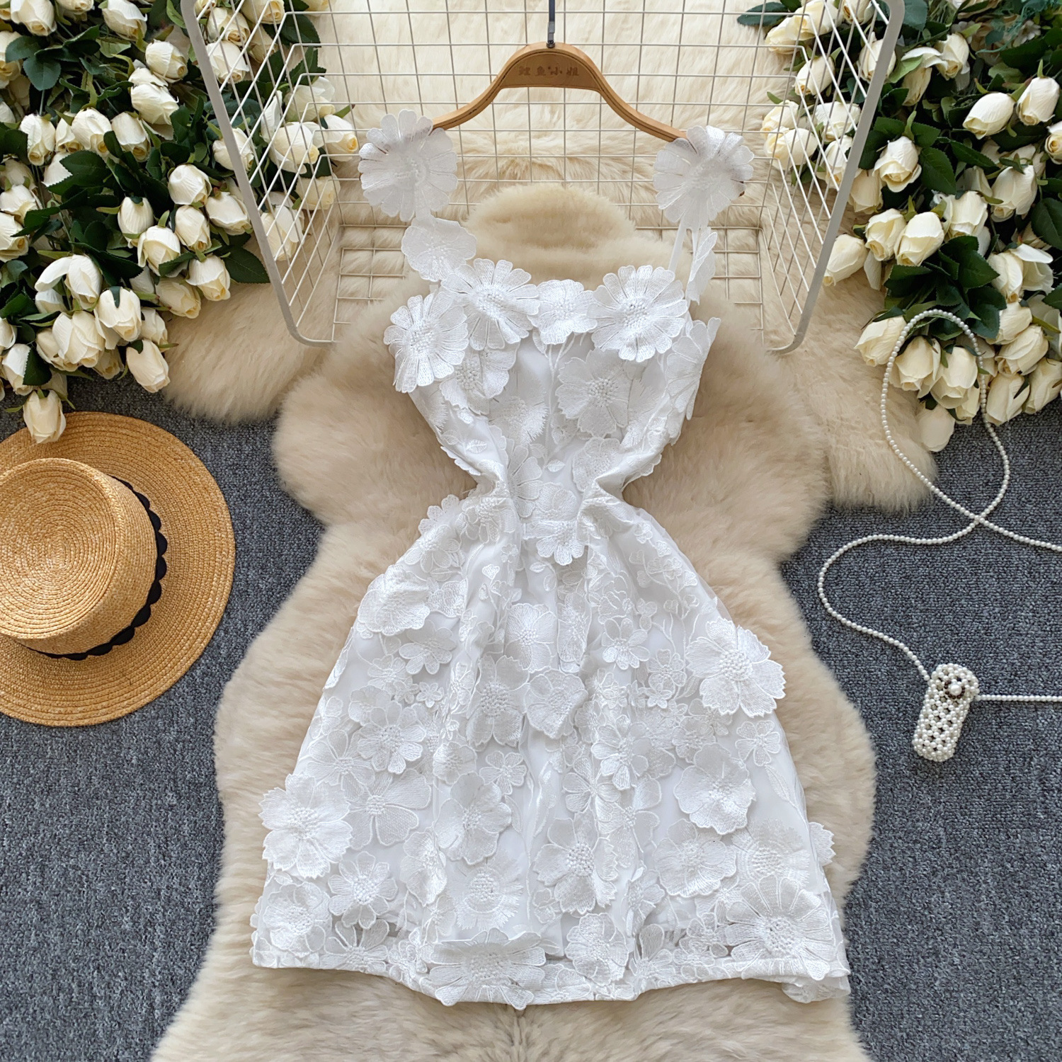 Floral Embroidery Tulle Cami Dress A Line Slim Fit Mini Dress for Women 2025 Summer French Style Party Casual Beach Vacation Outfit Bohemian Inspired 