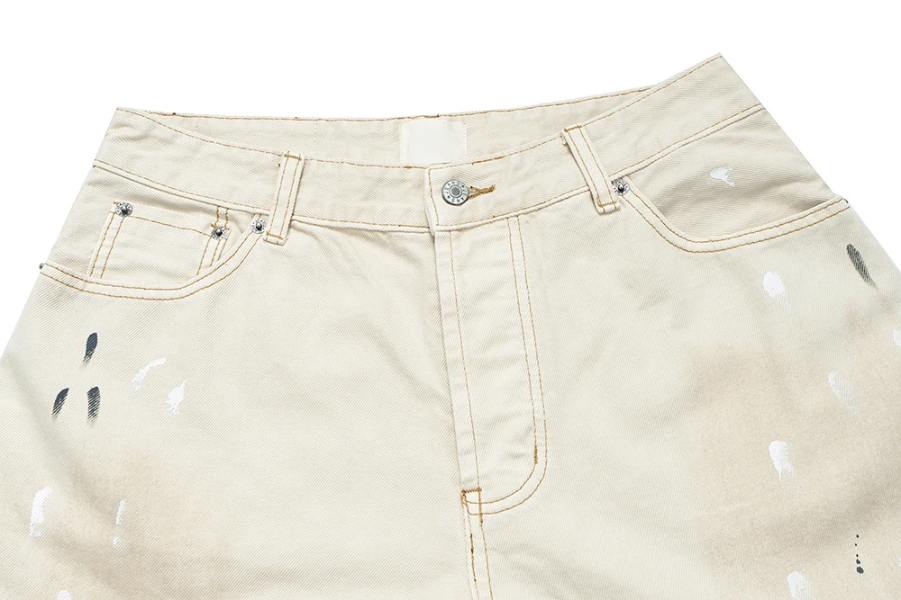 High Street Dirty Mud Splatter Baggy Jeans for Men Solid Color Loose Straight Rivet Pocket Washed White Denim Trousers Oversize