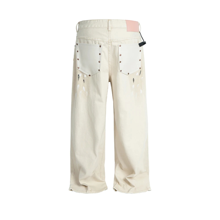 High Street Dirty Mud Splatter Baggy Jeans for Men Solid Color Loose Straight Rivet Pocket Washed White Denim Trousers Oversize