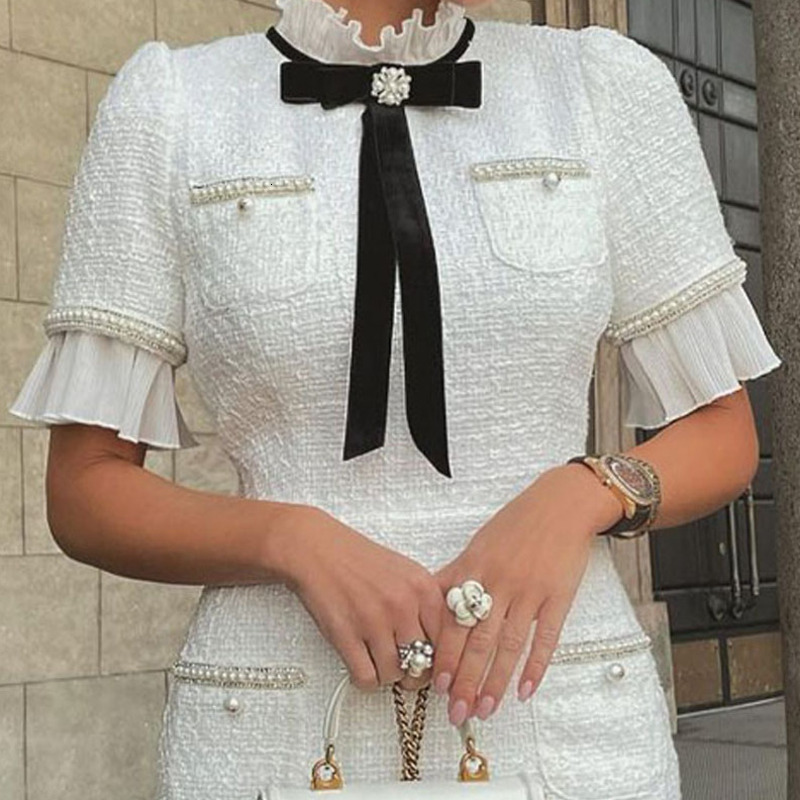 Luxury Dress Designer Dresses For Women Clothing Ladies Casual Dresses Party Dress Elegant Round Neck Short Sleeves Bow Ruffle Hem Beaded Fashion Fair