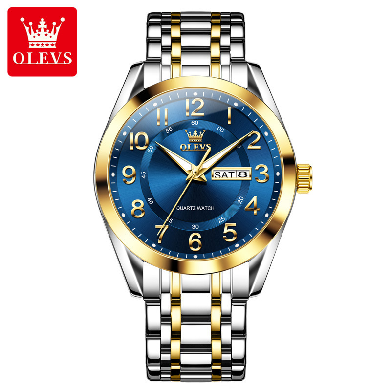 OLEVS Designer Mens Watch Round Dial Day Date Stainless Steel Quartz Wristwatch Waterproof Luminous Business Multi Color For Men
