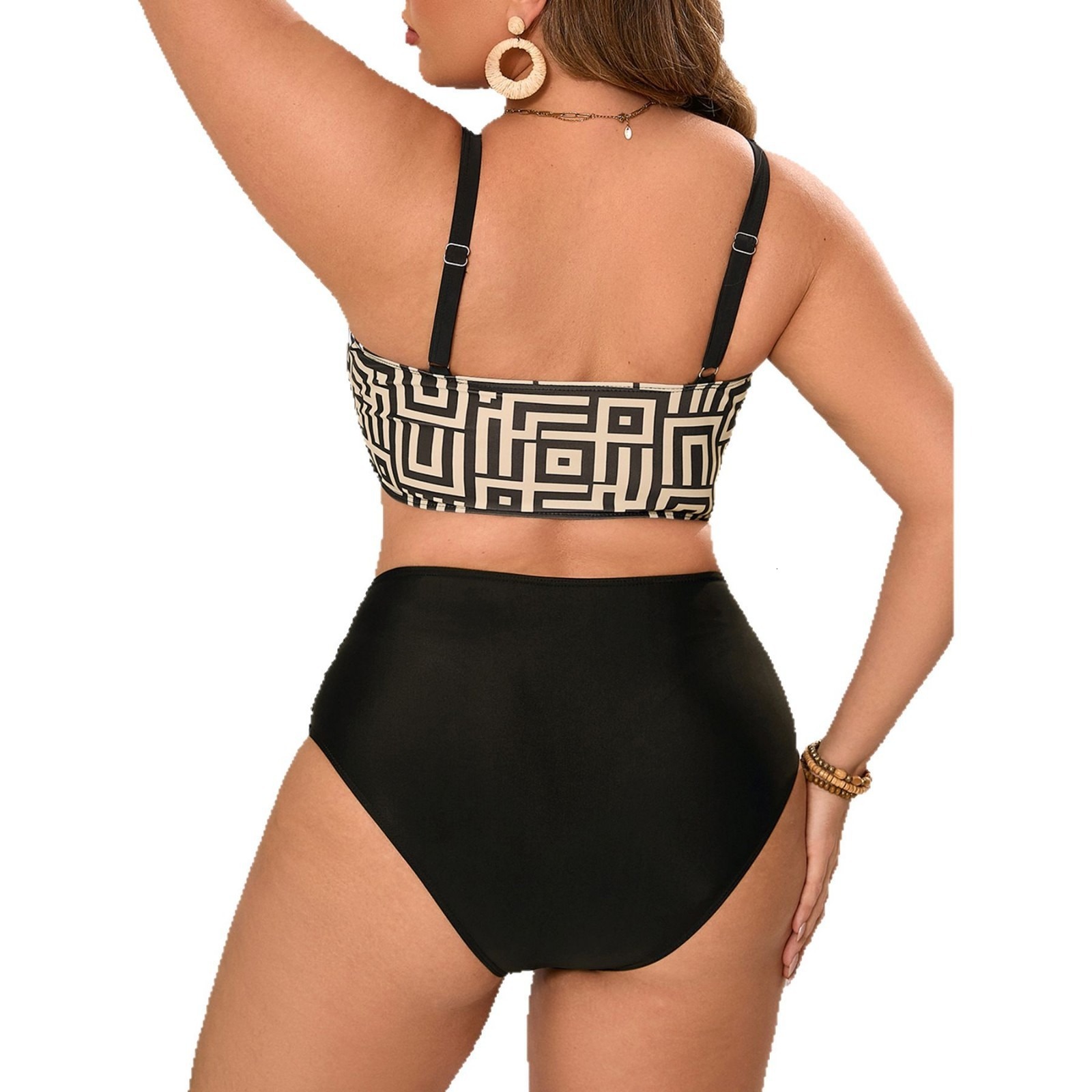 Plus Size Geometric Print Two Piece Bikini Set High Waisted Swimsuit for Women Retro Patchwork Bathing Suit for Beach Pool Party Vacation