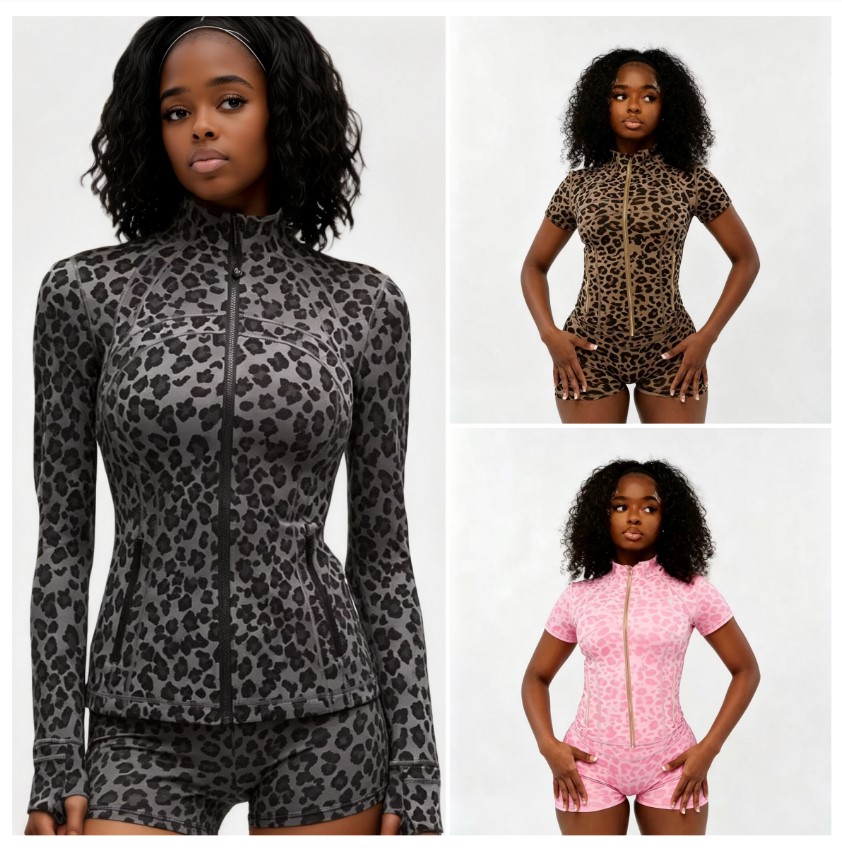 Women's Tracksuits Leopard Print 2 Piece Tracksuit Women Zip Up Short Sleeve & Long Sleeve High Neck Top and Biker Shorts Slim Fit Activewear Set