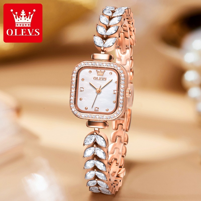 OLEVS Designer Women Watch Shiny Diamond Square Dial Leaf Crystal Bracelet Quartz Wristwatch Elegant Ladies Dress Jewelry Watch Waterproof Fashion Gif