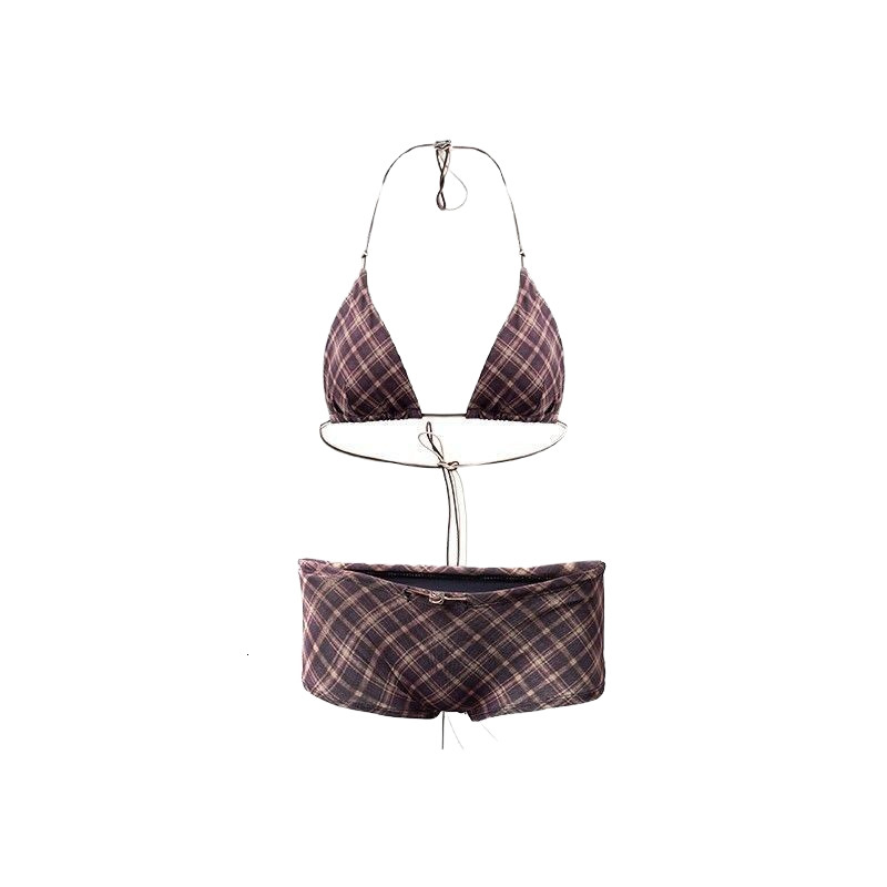 Retro Plaid Triangle Bikini Set Halter Neck Tie Side Two Piece Swimsuit Adjustable String Swimwear For Women Beachwear Bathing Suit Summer Pool Party 