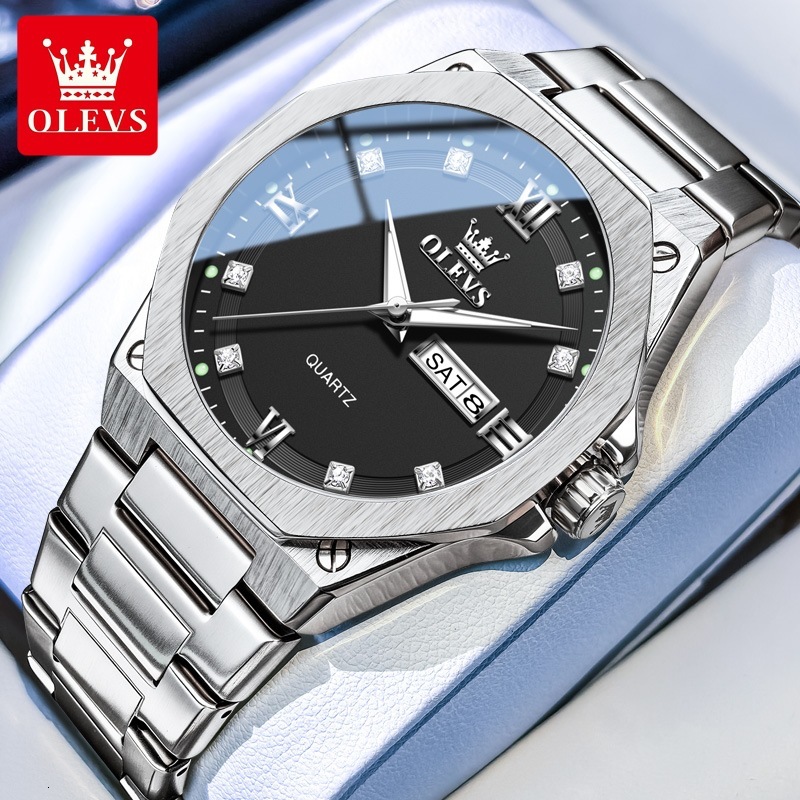 OLEVS Designer Men Quartz Watch Dual Calendar Stainless Steel Band Fashion Luminous Waterproof Minimalist Classic Casual Analog Wristwatch