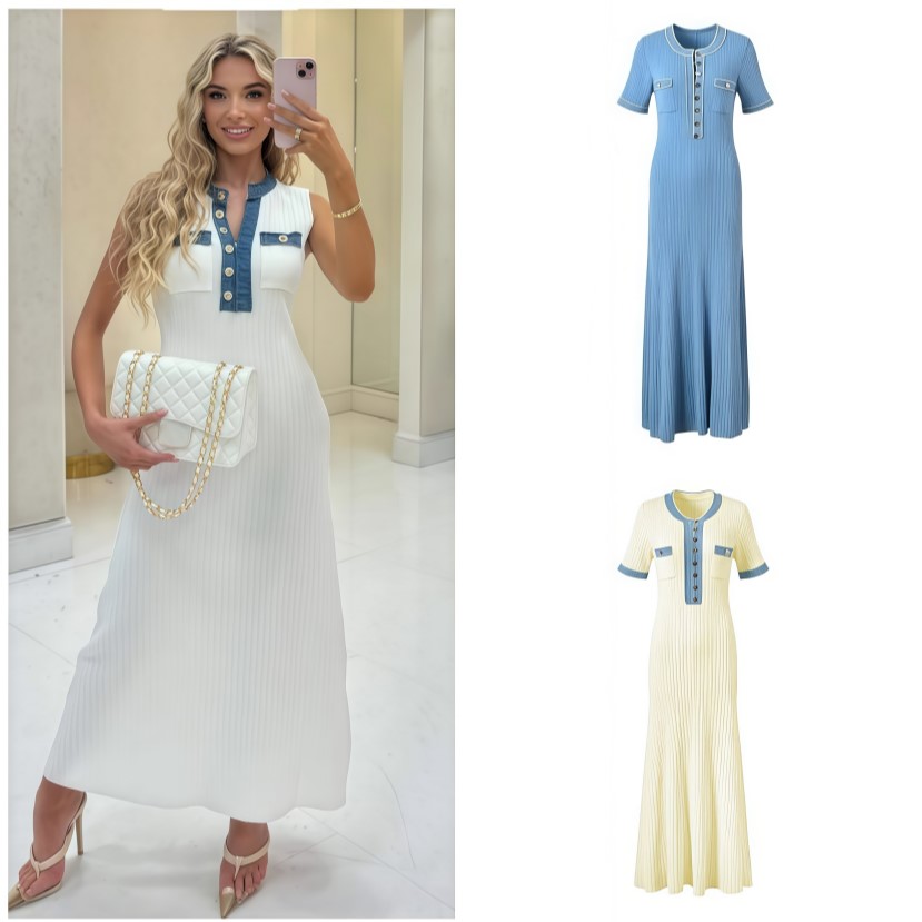 Casual Dresses Women's Elegant Knit Midi Dress, Contrast Blue Trim O-Neck Short Sleeve Bodycon Dress, Button Decor Casual Office Mermaid Long Dre