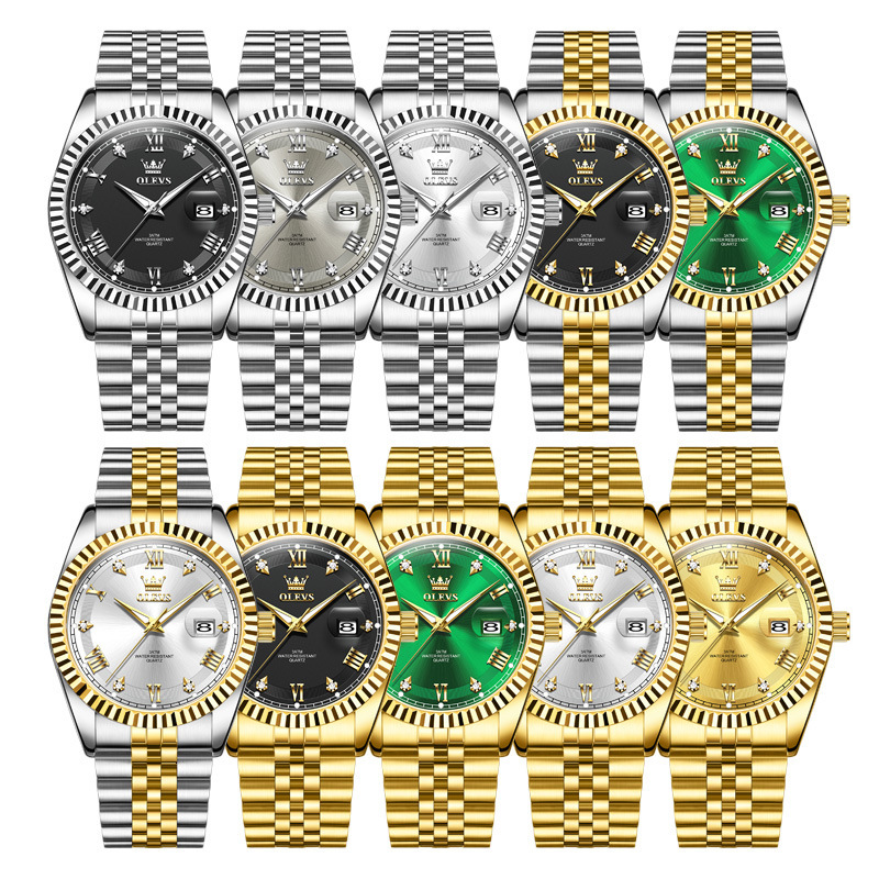 OLEVS Gold Tone Stainless Steel Designer Watch Single Date Waterproof Luminous Diamond Bezel Business Men Wristwatch Luxury Classic Casual Formal Dail