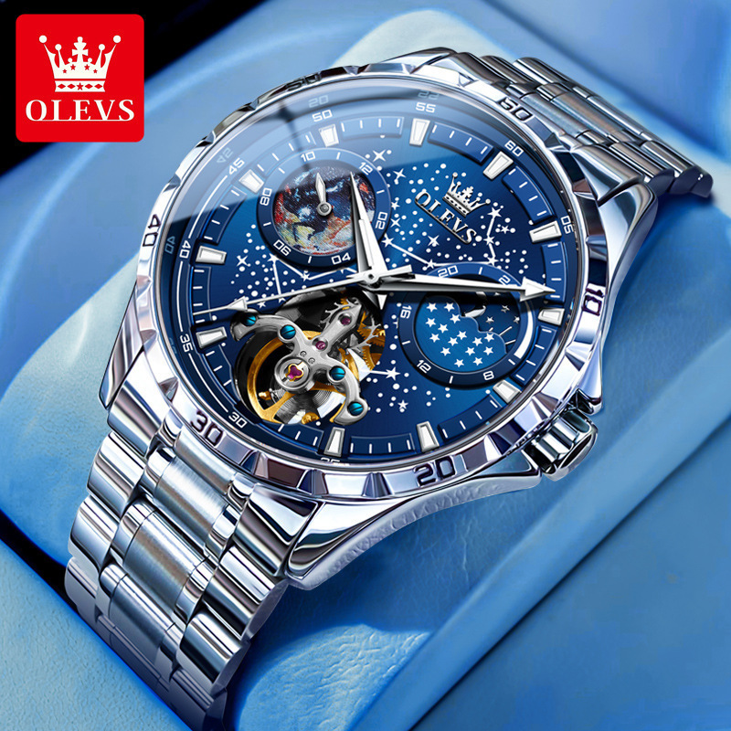 OLEVS Designer Men Mechanical Watch Starry Sky Skeleton Tourbillon Dial Stainless Steel Leather Strap Waterproof Luminous Business Automatic Wristwatc