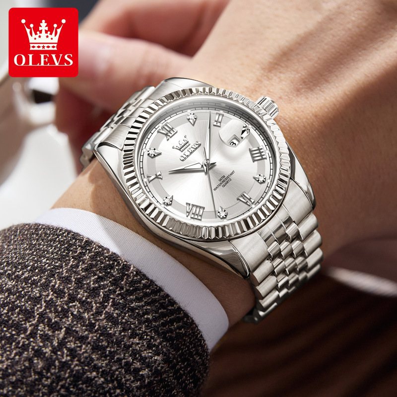OLEVS Gold Tone Stainless Steel Designer Watch Single Date Waterproof Luminous Diamond Bezel Business Men Wristwatch Luxury Classic Casual Formal Dail