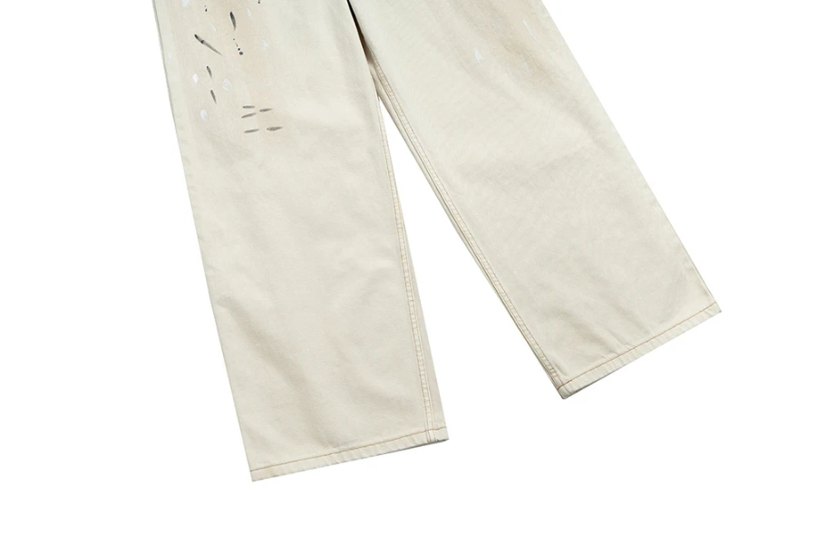 High Street Dirty Mud Splatter Baggy Jeans for Men Solid Color Loose Straight Rivet Pocket Washed White Denim Trousers Oversize