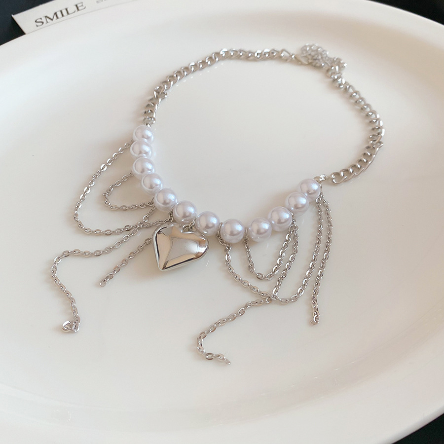 European American cross-border heart-shaped bead pearl necklace, ins sweet cool style, personalized collarbone chain, exaggerated and high-end women