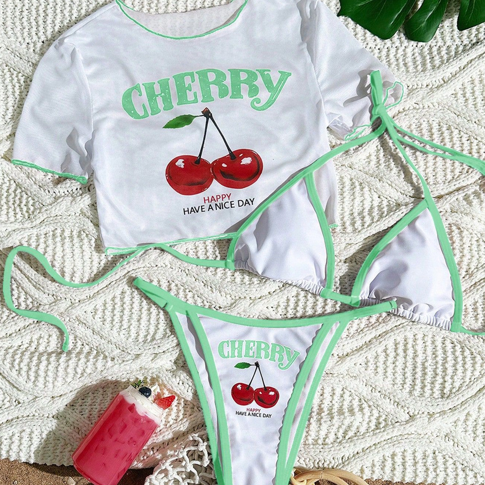 Designer Cherry Print 3 Piece Bikini Set with Short Sleeve Cover Up Crop Top High Cut Triangle Bottoms Tie Side Bathing Suit for Women Beachwear Pool 