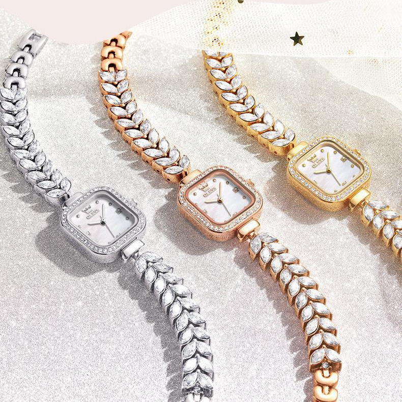 OLEVS Designer Women Watch Shiny Diamond Square Dial Leaf Crystal Bracelet Quartz Wristwatch Elegant Ladies Dress Jewelry Watch Waterproof Fashion Gif