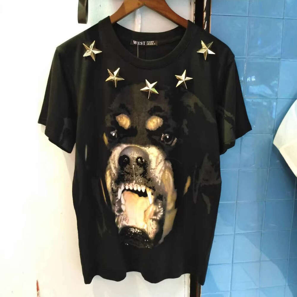 Fashionable Trendy Brand Metal Star Dog Head Print European American Men S T Shirt Loose And Versatile Short Sleeve Shirt