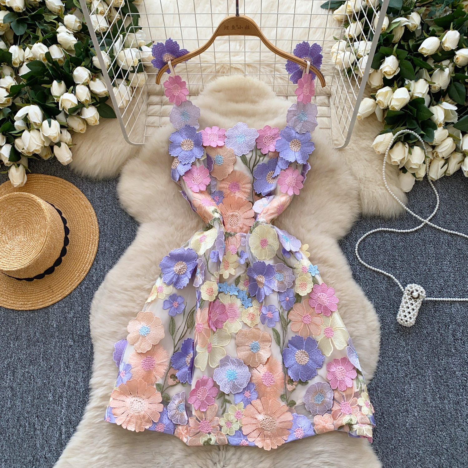 Floral Embroidery Tulle Cami Dress A Line Slim Fit Mini Dress for Women 2025 Summer French Style Party Casual Beach Vacation Outfit Bohemian Inspired 