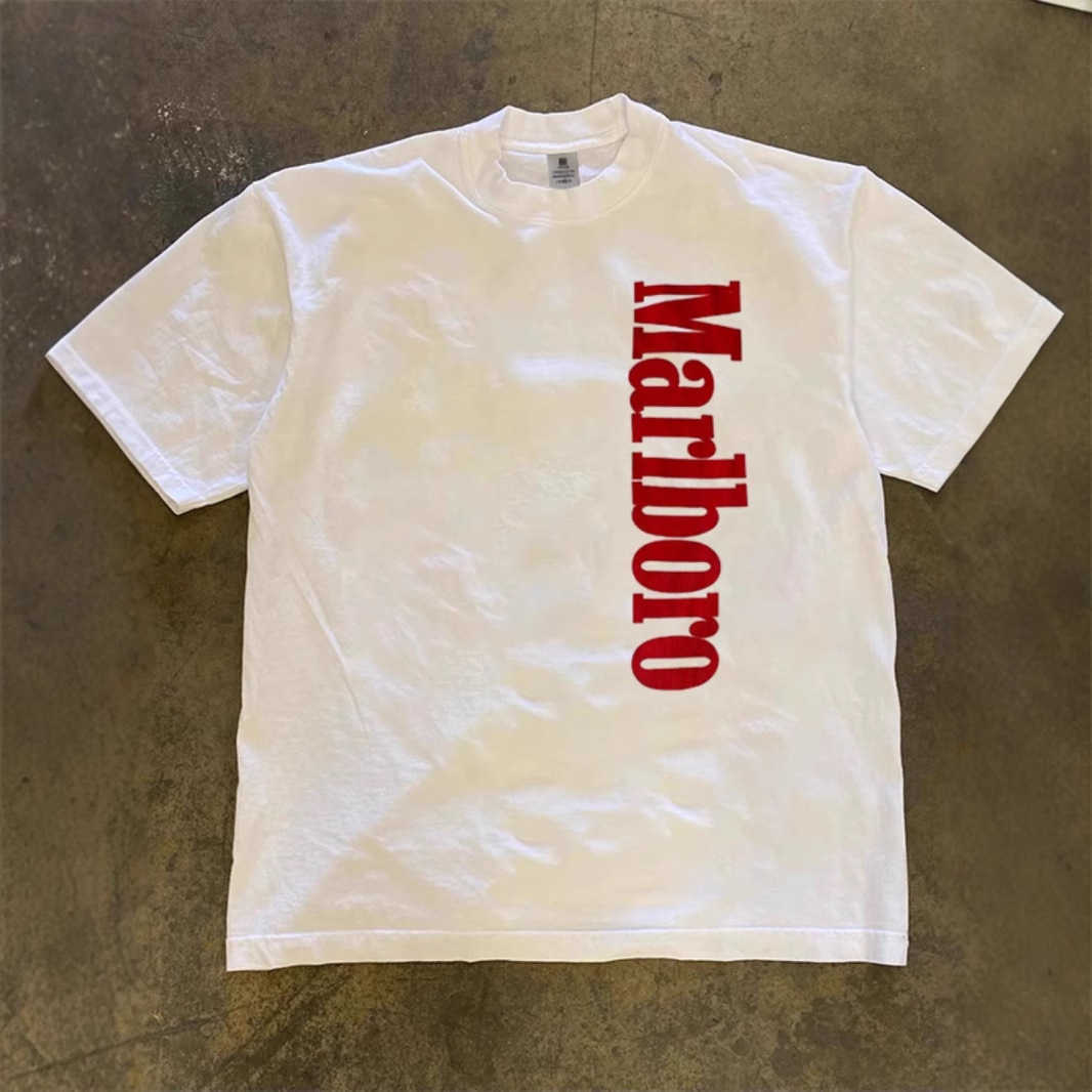250g trendy Marlboro printed short-sleeve mens t-shirt summer pure cotton round neck non-transparent non-pilling