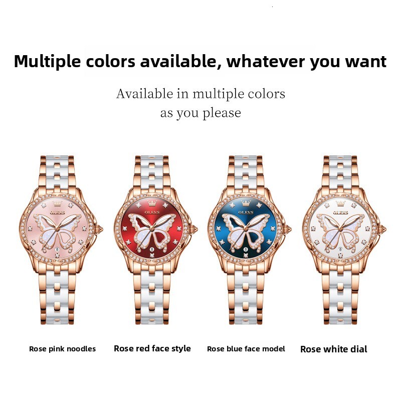 OLEVS Designer OLEVS Womens Luxury Quartz Watch Butterfly Pattern Diamond Inlaid Waterproof Ceramic Strap Elegant Wristwatch For Daily Wear