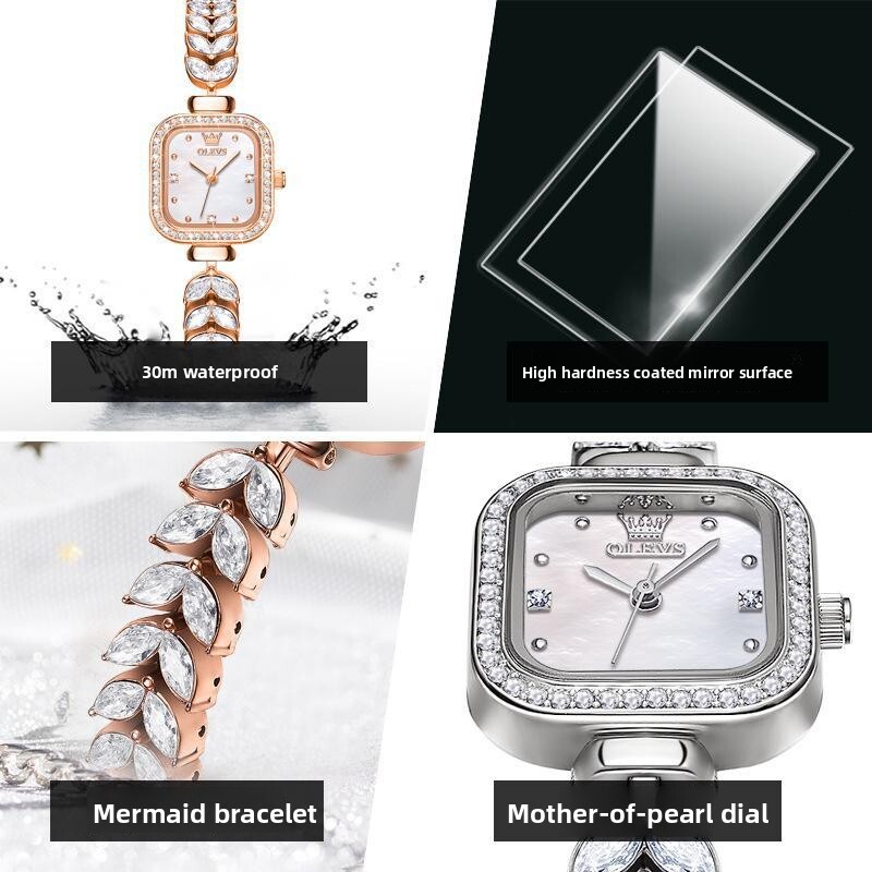 OLEVS Designer Women Watch Shiny Diamond Square Dial Leaf Crystal Bracelet Quartz Wristwatch Elegant Ladies Dress Jewelry Watch Waterproof Fashion Gif