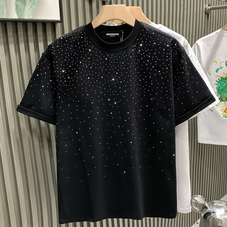 Summer European Station Fashion Trend Light Luxury Men's Short Star Rhinestone Celebrity Niche Half Sleeve T-Shirt