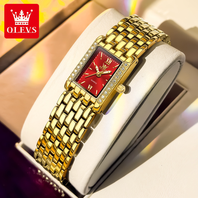 OLEVS Gold Tone Rectangle Crystal Bezel Designer Watch Ladies Quartz Waterproof Elegant Dress Fashion Minimalist Lightweight Daily Party Bridal Analog