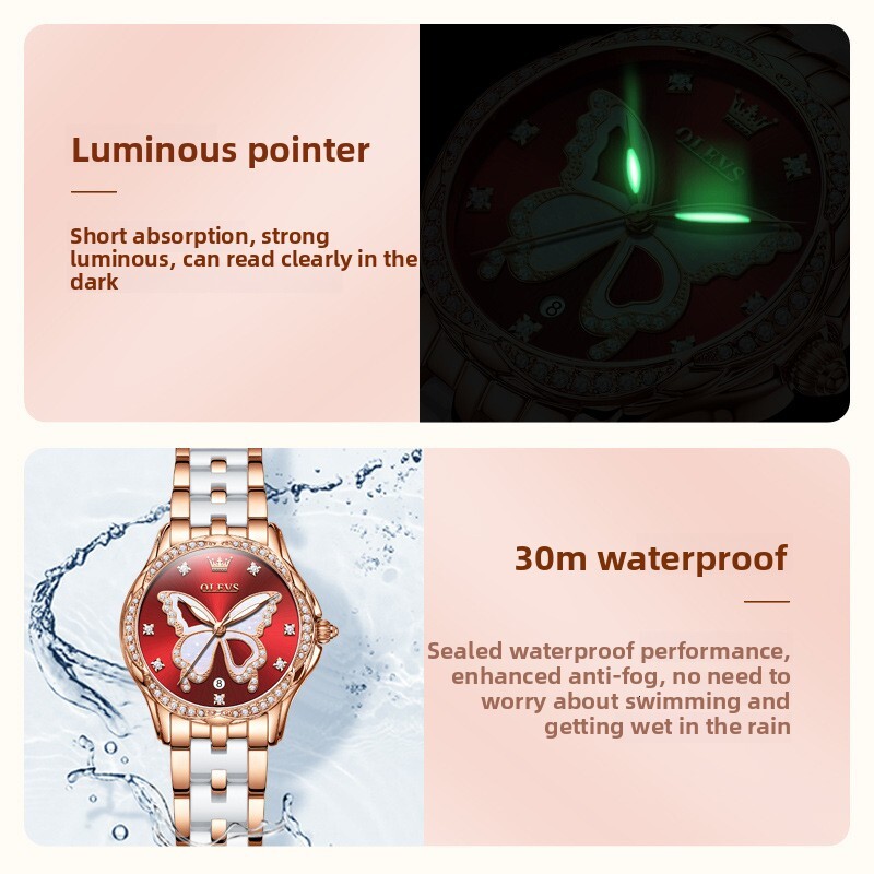 OLEVS Designer OLEVS Womens Luxury Quartz Watch Butterfly Pattern Diamond Inlaid Waterproof Ceramic Strap Elegant Wristwatch For Daily Wear
