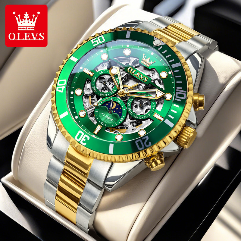 OLEVS Tourbillon Dial Stainless Steel Strap Waterproof Luminous Designer Men Mechanical Watch Skeleton ultifunctional Business Casual Automatic Wristw