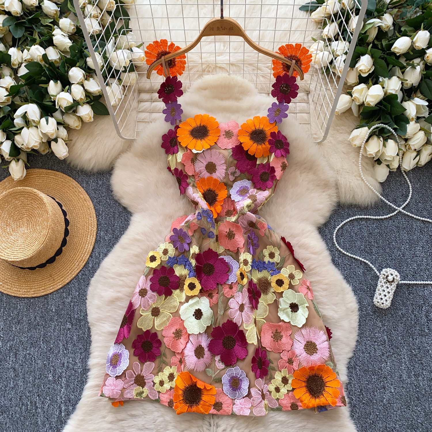 Floral Embroidery Tulle Cami Dress A Line Slim Fit Mini Dress for Women 2025 Summer French Style Party Casual Beach Vacation Outfit Bohemian Inspired 