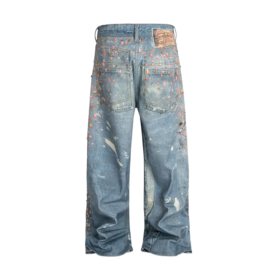 3D Printed Full Diamond Jeans for Men Straight Washed Distressed Shinning Diamon Denim Trousers Hip Hop Loose Baggy Jean Pants