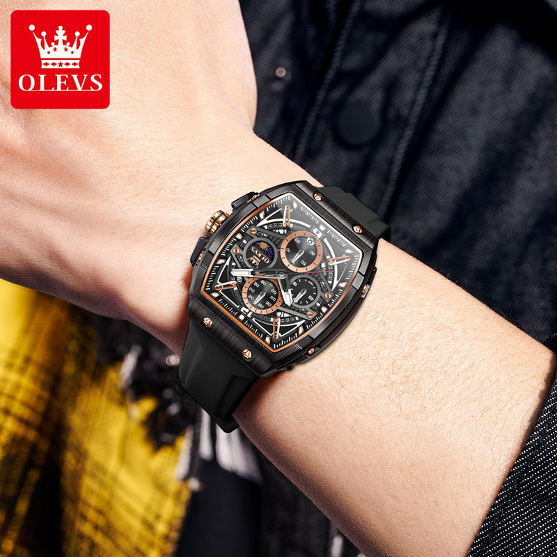 OLEVS Tonneau Skeleton Chronograph Designer Watch Silicone Strap Waterproof Luminous Sporty Men Wristwatch Shockproof Multifunctional Trendy Casual Da