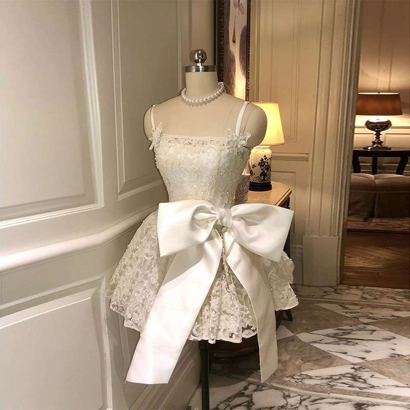 Lace Tulle Cami Dress with Big Bow Detail A Line Slim Fit Princess Mini Dress Women Summer French Style Party Wedding Guest Prom Ball Gown Elegant Bri